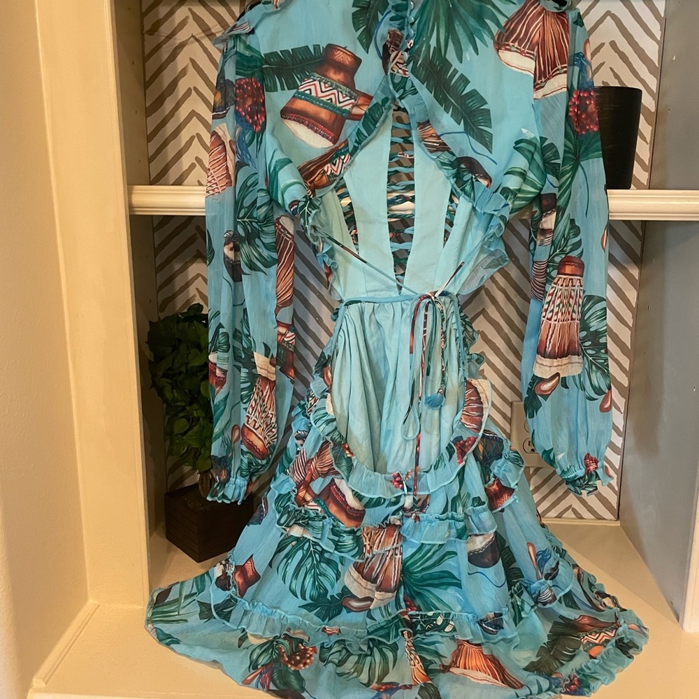 Backless Tropical Print Dress - Turquoise